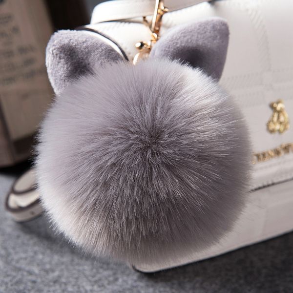 

2020 fur pom pom keychains fake rabbit fur ball key chain porte clef pompom de fourrure fluffy bag charms bunny keychain keyring, Silver