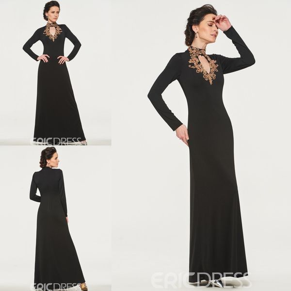 

elegant sheath mother of the bride dresses keyhole high neck long sleeve wedding guest dress lace crystal sweep train evening gown, Black;red