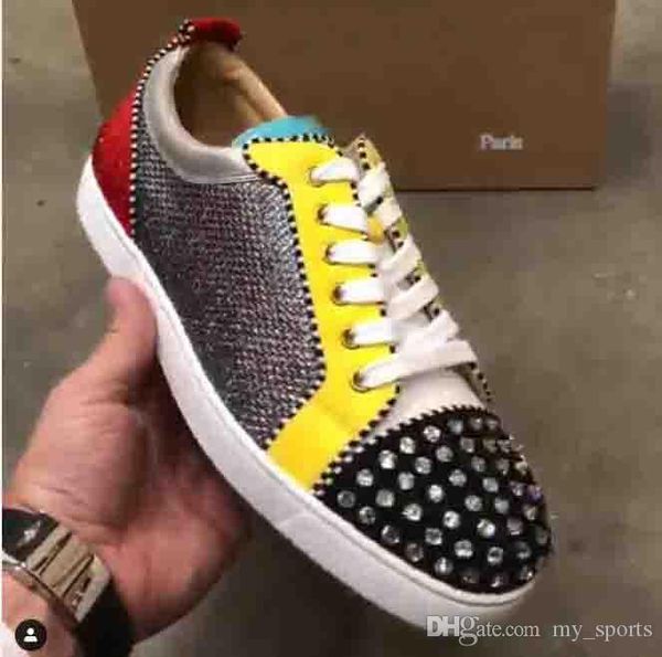 

fashion men's shoes red bottom spikes flat low cut brown glitter with rivets toe,back rhinestone suede couple junior spiked flats train, Black
