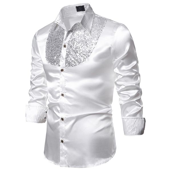 

mjartoria 2019 men's luxury sequin dress shirts long sleeve silk satin shiny disco party shirt men chemise stage dance shirts, White;black