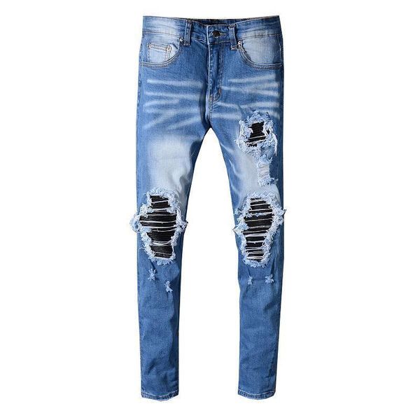 

fashion mens designer jeans mens zipper jeans ripped denim pants mens designer luxury biker pants size 29-40, Blue