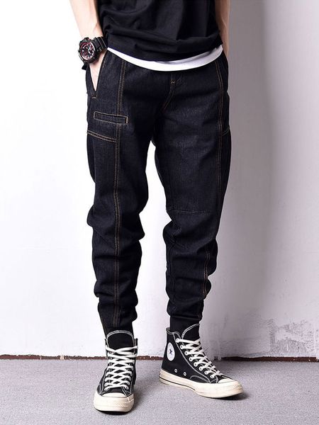 

japanese style fashion men jeans vintage black color loose fit spliced cargo pants hombre streetwear hip hop joggers jeans men, Blue