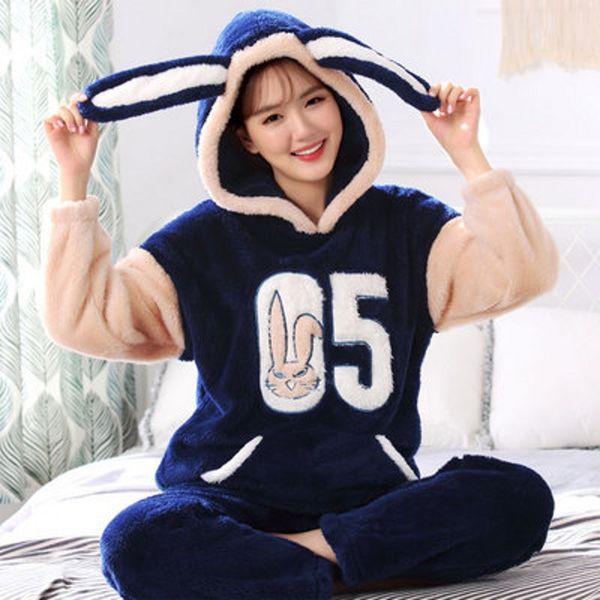 

plus size s-4xl 5xl flannel pajamas sets winter women hooded with animals lover sleepwear women cartoon coral fleece lounge set, Blue;gray