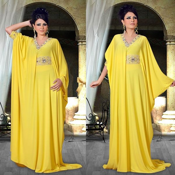 

arabski dubai abaya kaftan evening dress v neck yellow beaded formal prom gowns modest chiffon middle east special occasion dress prom wear, Black;red