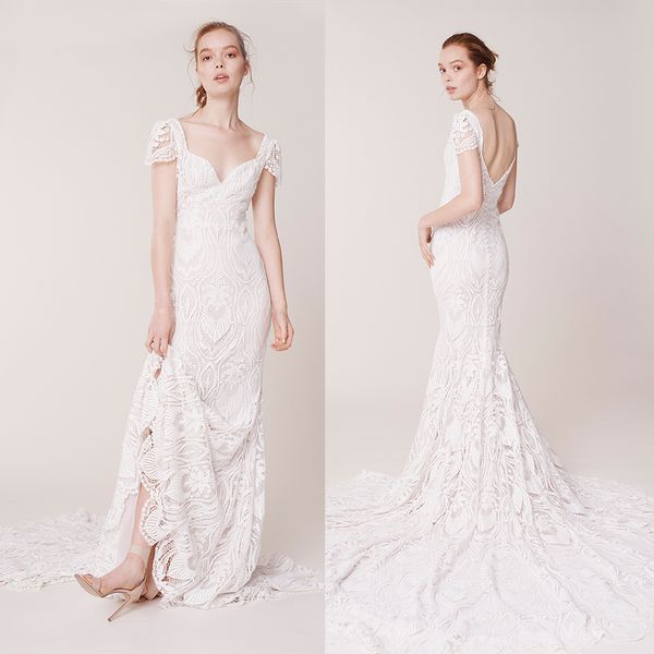 

backless sheath wedding dresses scoop sleeveless capped appliques lace wedding dress sweep train vestidos de novia, White