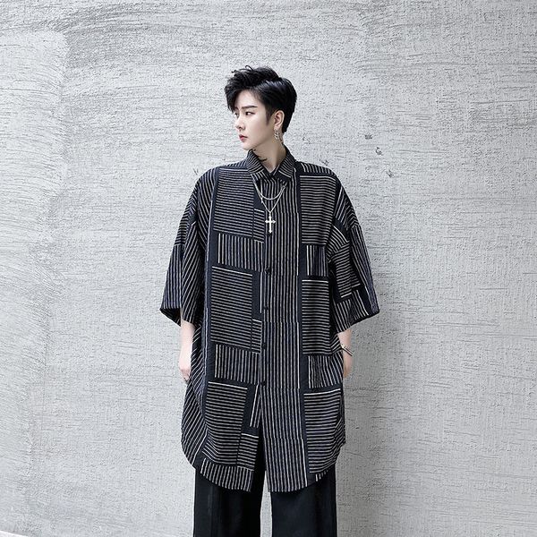 

2020 summer new youth popular loose striped 3/4 sleeve solid color fashion casual long style shoulder sleeve black -xl, White;black