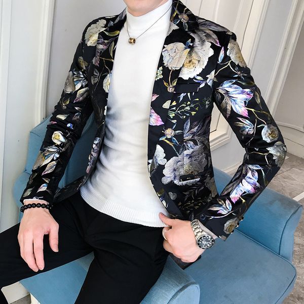 

2020 spring new floral blazer men korean streetwear slim fit mens blazer jacket one button night club casual de hombre, White;black