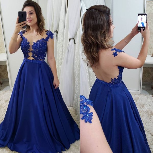 

cap sleeve a line royal blue formal evening dresses 2019 see through long applique lace pearls plus size prom gowns