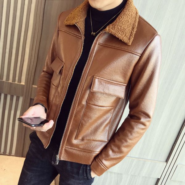 

2019 new autumn and winter fur collar leather slim korean version of the handsome trend leather jacket plus velvet casual jacket, Black