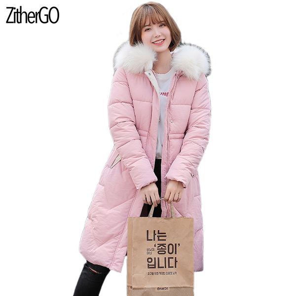 

2019 zithrtgo fashion women winter jacket cotton padded warm thicken big fur collar slim long coats parka womens jackets, Black