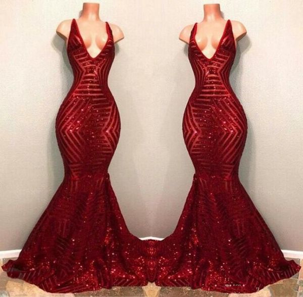 

2020 burgundy sparkly sequined prom party dresses sleeveless mermaid v neck black girl african celebrity dresses evening gowns, White;black