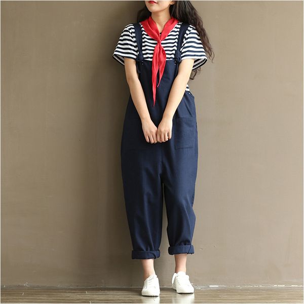 

summer wear artistic hipster large size cotton cloth suspender pants versatile solid color casual loose-fit trousers women's, Black;blue