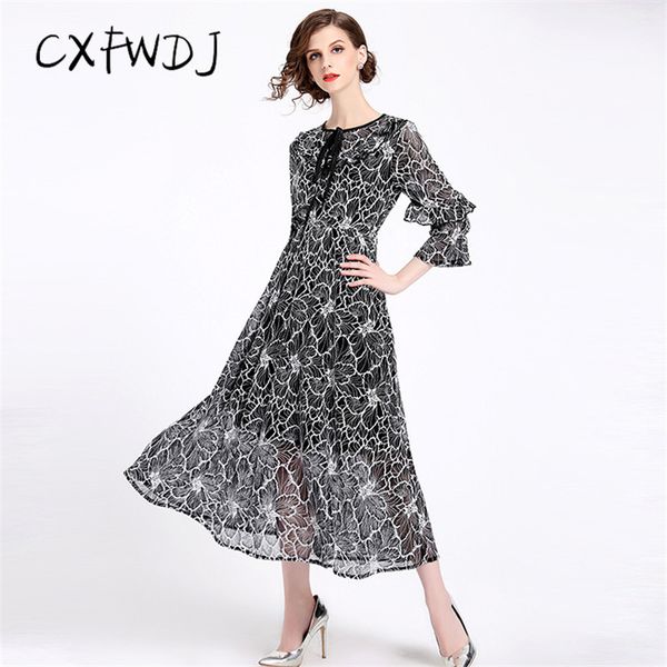 

ukraine 2018 summer the new women's clothing ruffled round neck seven sleeves slim was thin lace temperament dress female trend, White;black