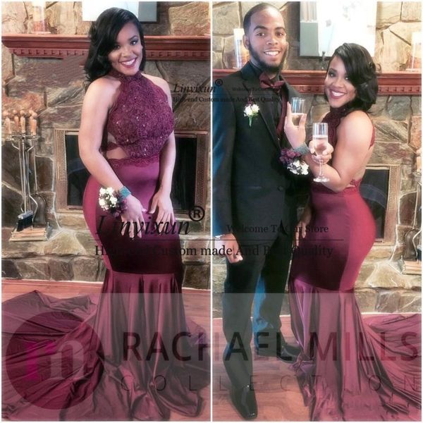 

burgundy african prom dresses lace mermaid backless long evening dress african 22020 girls evening party gowns, White;black