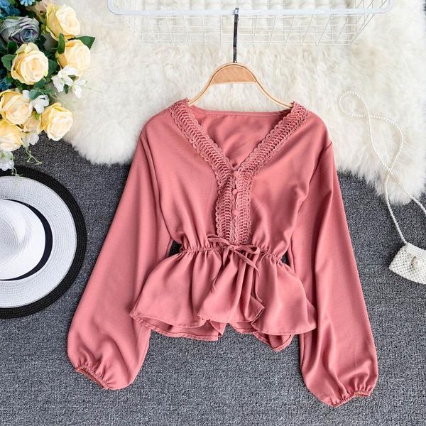 

neploe spring fashion slim shirts waist-controlled lace up long sleeve blusas adjustable waist v-neck elegant blouse 38475, White