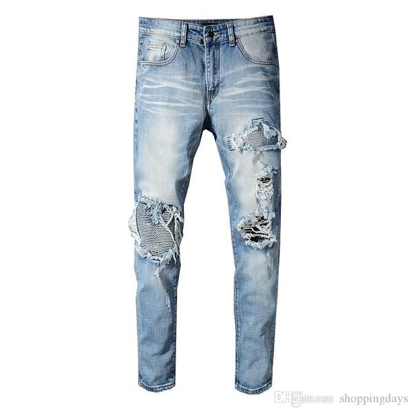 

бренд ami jeans одежда дизайнерские брюки пантера морщин солдат мужские тонкий деним прямой байкер отверстие джинсы мужчины размер 29-40, Blue