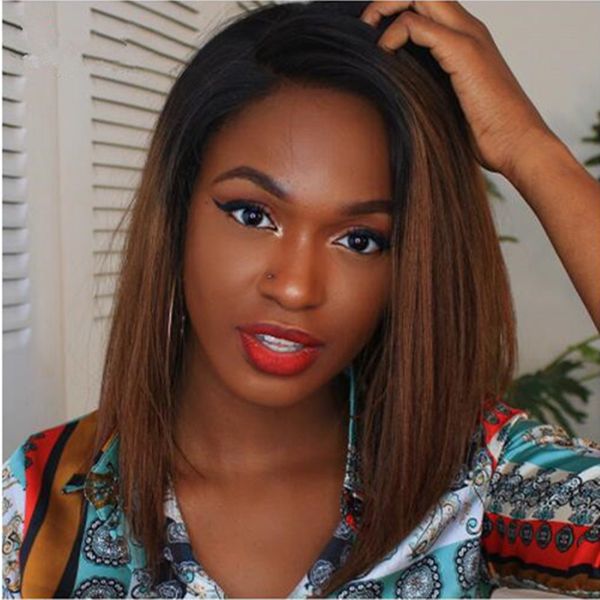 

боб парик 1b / 30 ombre блондинку прямо бразильский remy парик шнурка фронт человеческих волос pre щипковых короткие полные парики шнурка дл, Black;brown