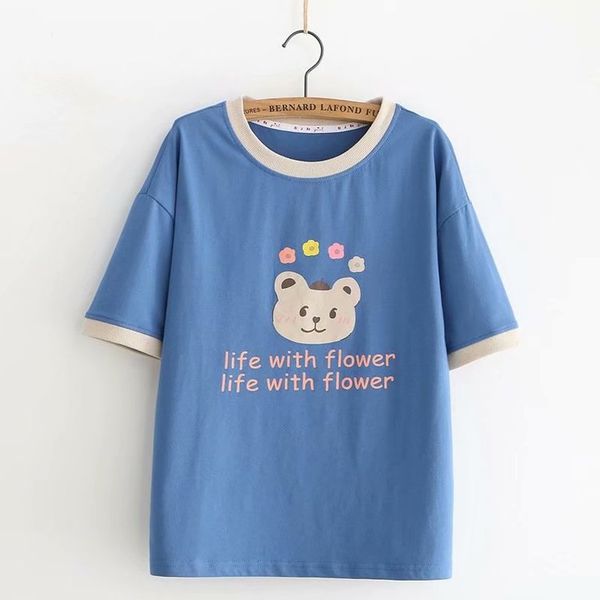 

в японском стиле soft девочка игривая симпатичные медвежонок печатный письмо joint контраст цвета с короткими рукавами круглый воротник футб, White