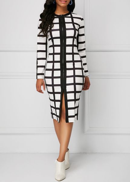 

2019 plus size fashion women dress 5xl new autumn and winter dress casual black and white plaid zipper slim office tight dress, Black;gray