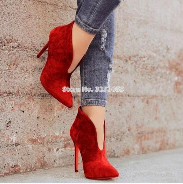 

almudena fall red beige black suede v shape cut ankle boots stiletto heels dress boots motorcycle gladiator shoe