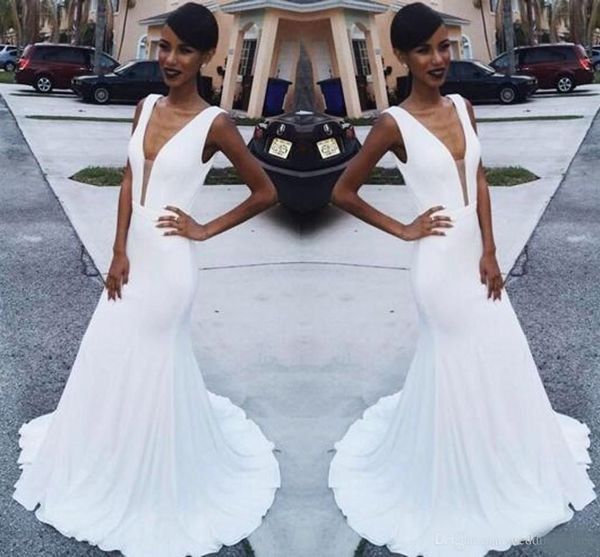 

white plunge deep v-neck sleeveless floor length mermaid formal dress featuring sweep train prom dress special occasion dresses, Black