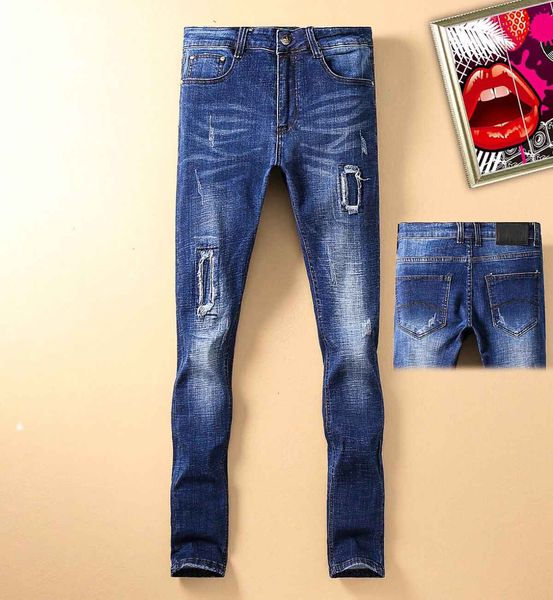 

designer men luxury arimiy jeans famous brand slim fit new classic embroidery splice washed casual pants street fashion pants popularclassic, Blue