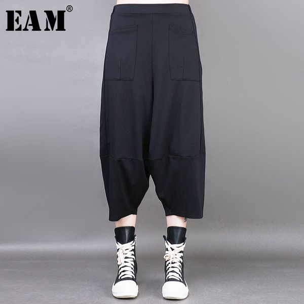 

eam] 2020 new spring autumn high elastic waist loose wide leg loose brief calf-length pants women trousers fashion tide jy050, Black;white