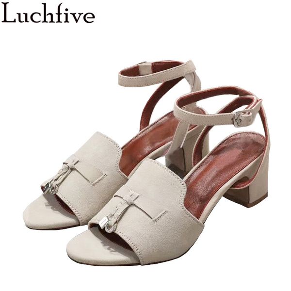 

2020 suede leather chunky heel sandals woman nude khaki metal ornament ankle buckle open toe sandals summer rome shoes women, Black