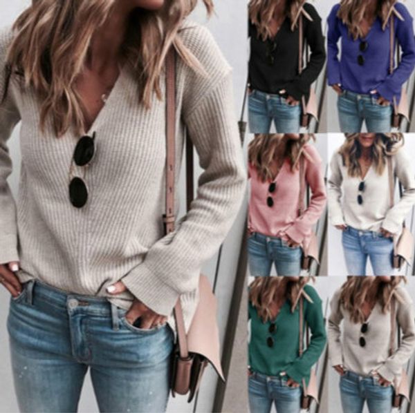 

women fashion knits 2020 spring new arrival womens v-neck long sleeve sweater women casual solid color pullover wholesale, White