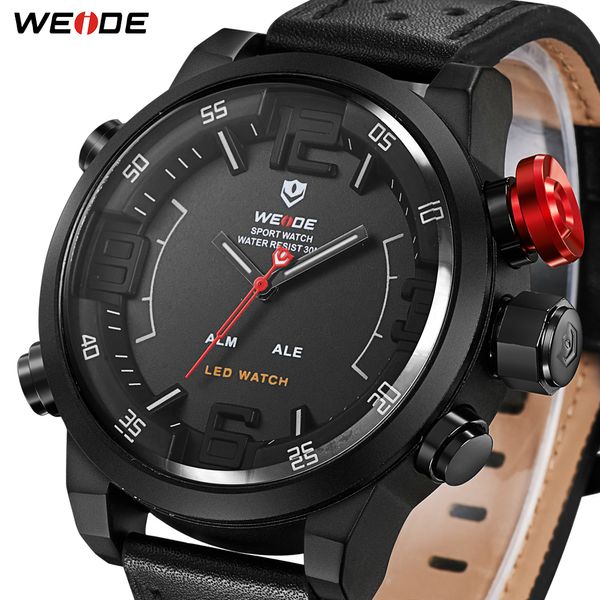 Best gift WEIDE Men's Casual Fashion Quartz led Display Top Brand Luxury Genuine Leather Strap Military Army wristwatches Clock