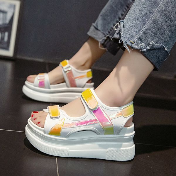 

new flat platform sandals women summer shoes hook&loop pu leather non slip beach sweet ladies comfort new fashion casual, Black