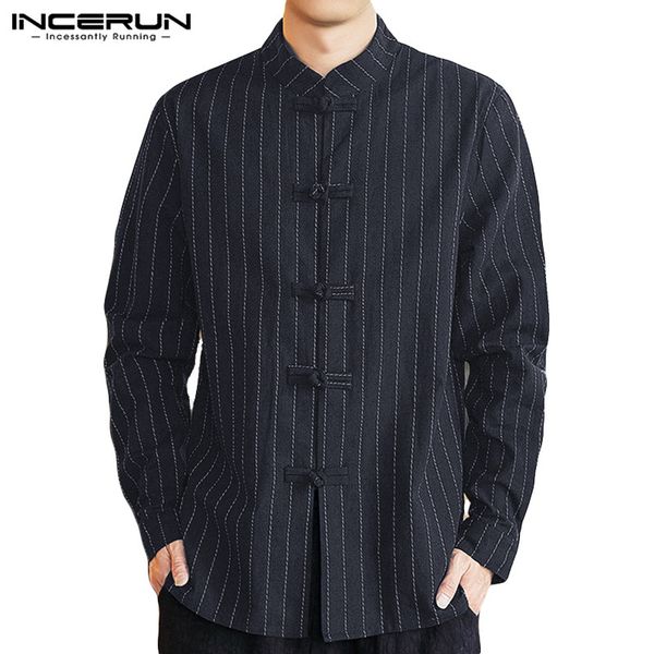 

incerun traditional harajuku men fashion stripe casual joker buckle collar shirt retro baggy streetwear mens cotton linen blouse, White;black