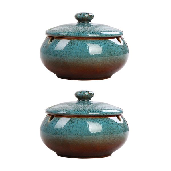 

2pcs ceramic ashtray with lids windproof deskash tray decor