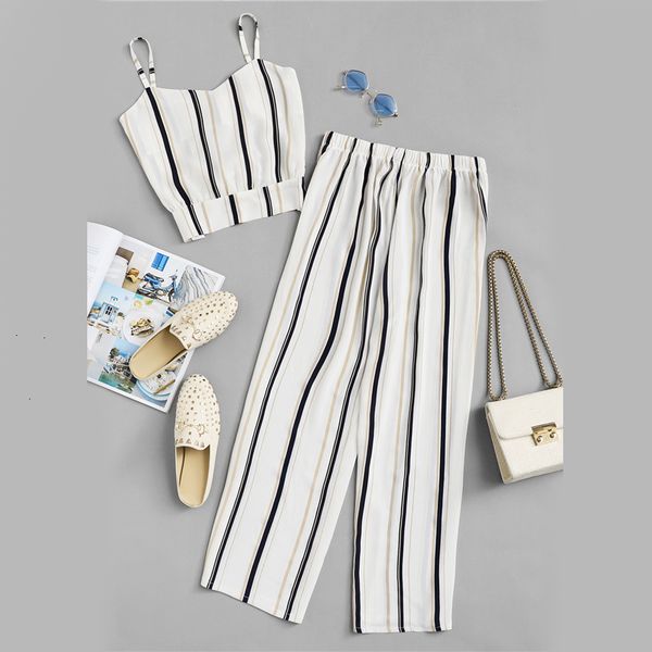

knot striped cami with pants summer spaghetti strap sleeveless wide leg 2019 women casual female two piece, White