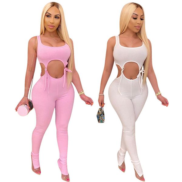 

women two piece summer outfits pants set solid color printed hollow out bandage design fashion suits female clothing, White
