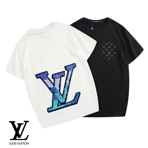 

mens designer t shirts colorful super reflective monogram print, sequined logo round collar t-shirt with embroidery back designer shirt, White;black