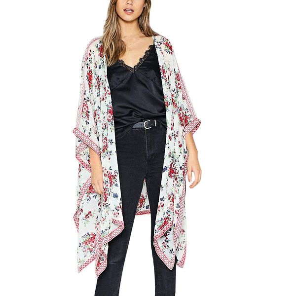 

plus size summer kimono cardigan womens and blouses 2018 boho floral print shirts tunic beach ladies womens clothing, White