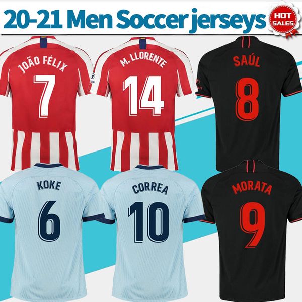 

2020 madrid home red #14 m.llorente soccer jerseys 19/20 away black #7 joÃ£o fÃ©lix #9 morata soccer shirts 3rd blue football uniform, Black;yellow