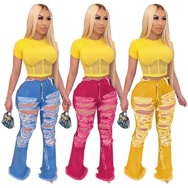 

women's jeans summer blue denim pants women hole high waist zipper ripped flare spliging trousers street skinny