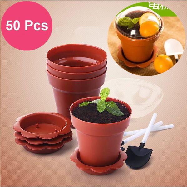 50 conjuntos Creative Flor Pote Bolo Cups Shovel LID Tiramisu Decoração Sorvete Copo para Casamento Crianças Fontes De Festa de Aniversário