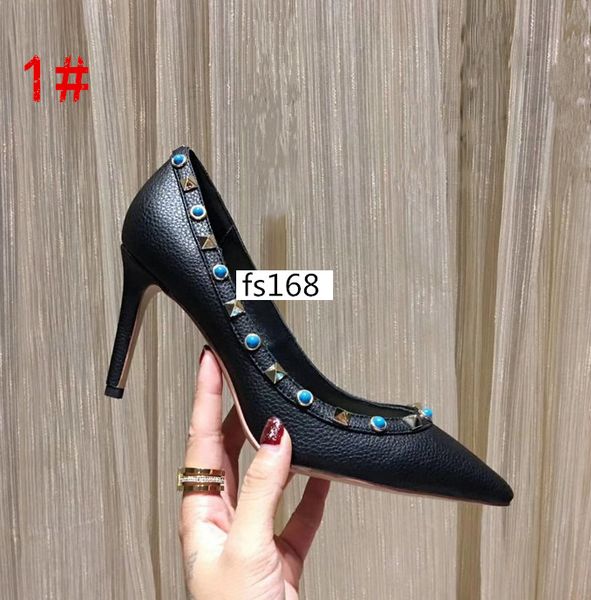 

designer pointed toe 2-strap with studs high heels leather rivets sandals women shoes valentine high heel shoes 8.5cm with box, Black