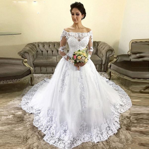 

пользовательские плеча длинные рукава кружева свадебные платья 2019 с бисером аппликация суд поезд тюль линию свадебные платья, White