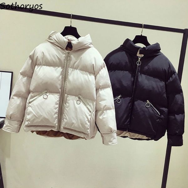 

women's down & parkas short style women winter hooded pockets solid loose trendy leisure thick warm ulzzang simple female parka all-mat, Black