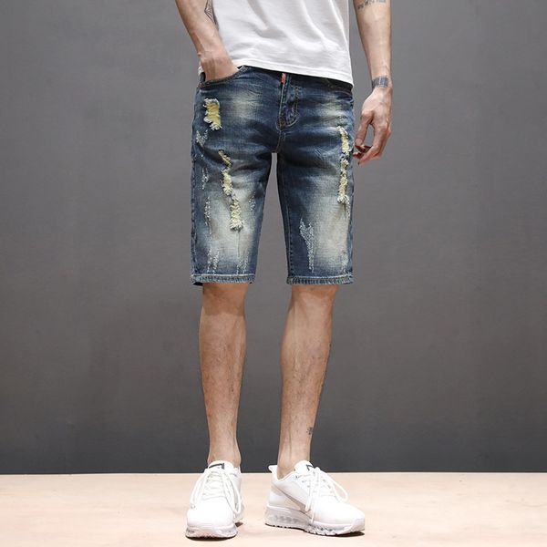 

with holes knee-length denim shorts autumn thin male fifth pants men elasticity cowboy casual 5 pants men's breeches wholesale, Blue