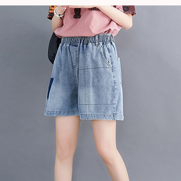 

women jeans denim shorts bottoms big loose patches patchwork elastic waist bleached retro fashion casual for summer bo17171519, Blue