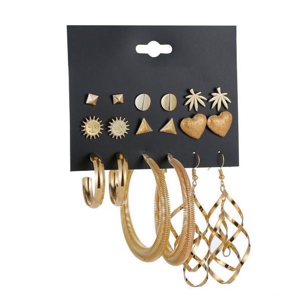 

9pairs/lot gold color hoop earrings set for women vintage rivet triangle heart sun plam tree spring earring party gift wholesale, Golden
