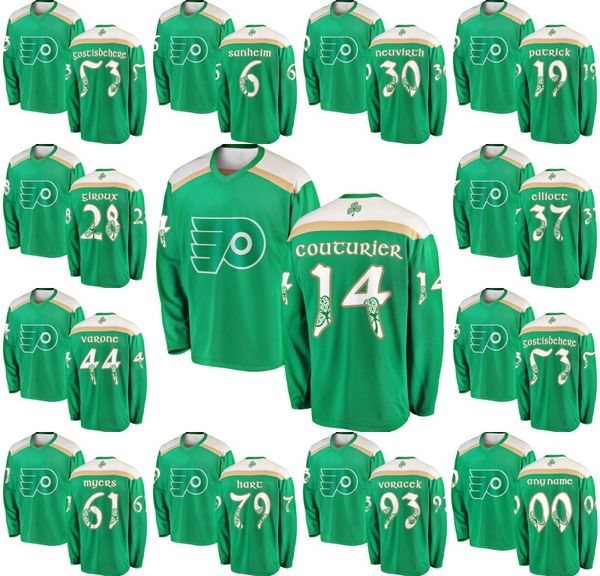 

Green 2019 St. Patrick's Day Jersey 33 Cam Talbot 53 Shayne Gostisb 11 Travis Konecny 44 Phil Varone Philadelphia Flyers Hokcey Jerseys
