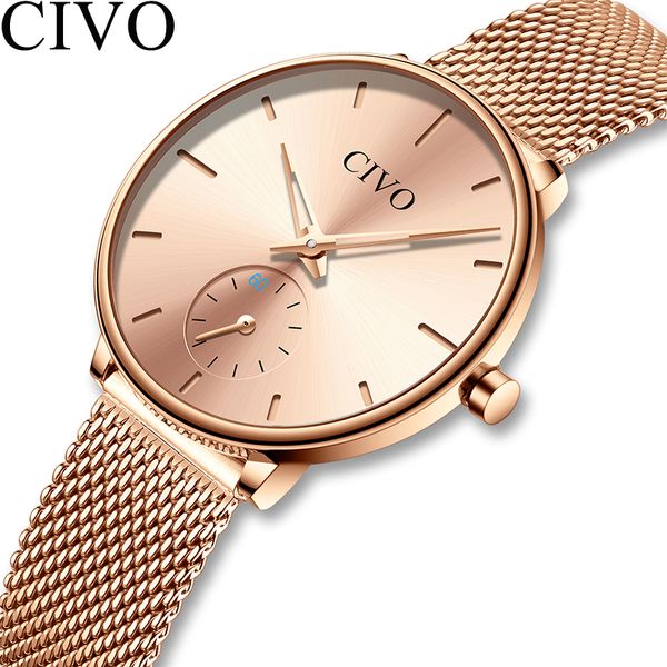 

civo luxury casual ladies watch waterproof rose gold steel mesh quartz watch women fashion dress watches clock relogio feminino, Slivery;brown