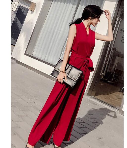 

women's jumpsuits & rompers summer women elegant ladies v-neck sleeveless sashes party wide leg casual office lady wear, Black;white