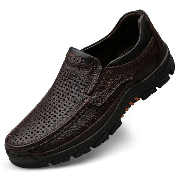 

summer men dress shoes business formal genuine leather men loafers slip on soft hollow out footwear big size57 nice new, Black
